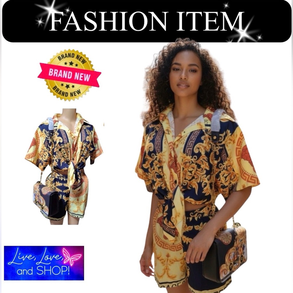 SHORT SET: 2Pc Black and Gold w/Greek Detailing, NWT